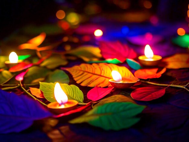 Foto festival de diwali en la noche oscura de la decoración de la iluminación y el fondo colorido fuera de algunas hojas