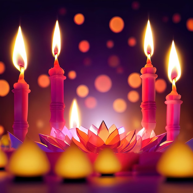 Festival do dia de Diwali Fundo de lanternas de Diwali com velas e luzes desfocadas