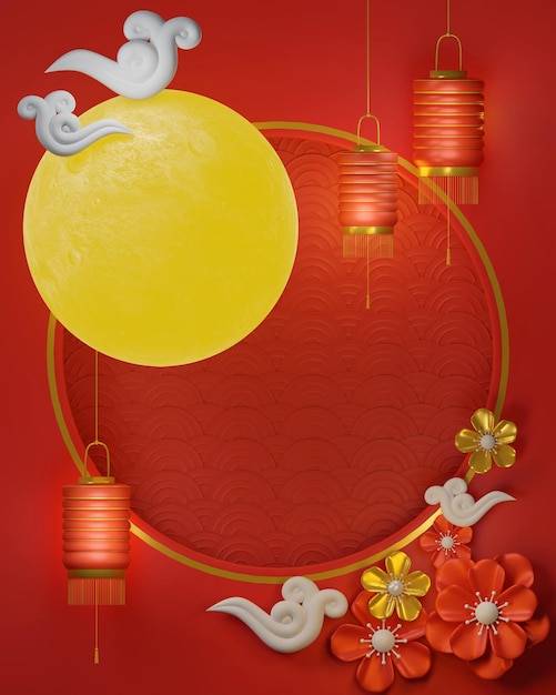 Festival do meio outono chinês Mid Mooncake Autumn flower e elementos asiáticos no fundo 3d render