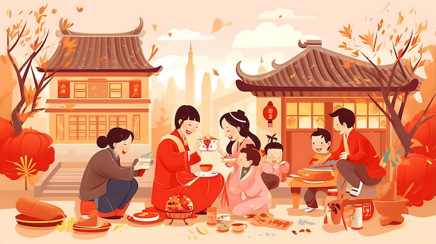 Festival Dongzhi Diseño creativo chino de un cartel que representa una alegre escena de Dongzhi