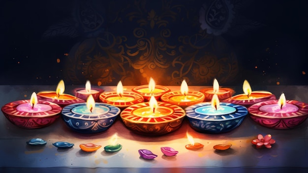 Festival espiritual de Diwali em aquarela com lâmpadas e designs Rangoli gerados por IA