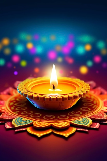 Festival feliz de Diwali de fundo colorido de luzes com lâmpada decorativa Diya e Rangoli