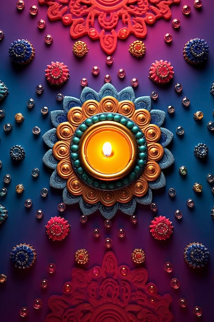 Festival feliz de Diwali de fundo colorido de luzes com lâmpada decorativa Diya e Rangoli