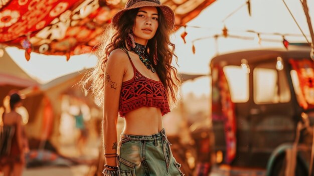 Foto festival frenesi fazer uma declaração em coachella com uma saia de carga flowy de olhos amarrados um crochet cortado