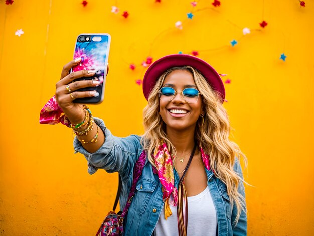Foto festival fun selfie uma mulher feliz com rosto pintado tirando uma selfie com seu smartphone