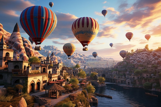 Festival de globos de aire caliente volando sobre el edificio de la ciudad antigua con vista a la naturaleza del lago al anochecer