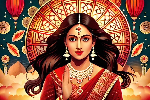 El festival hindú de Karva Chauth representado en una ilustración digital