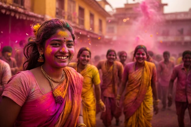 Festival de Holi de los colores Retrato de una niña india Ilustración generación de IA