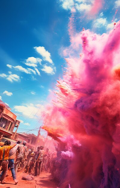 El festival de Holi Foto abstract explosión de polvo multicolor sobre un fondo blanco