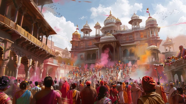 Festival de Holi en una histórica arquitectura de templo indio mejorada por la vibración del festival39s multitud disfrutando de AI Generative