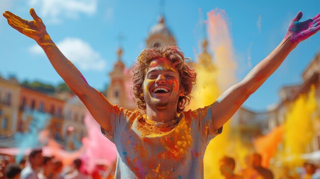 Festival Holi na Índia com pessoas cobertas de pó colorido 4k ultra hd