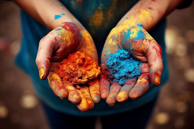 Festival Holi con pintura brillante en las manos creada con tecnología.