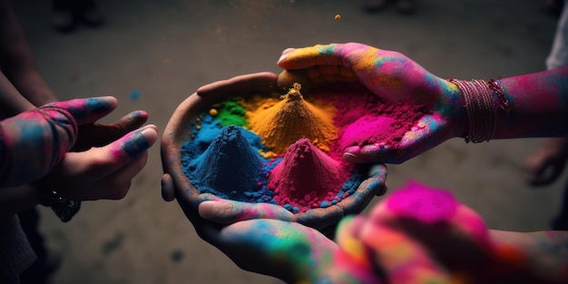 Festival Holi con pintura brillante en las manos Creado con tecnología generativa de IA