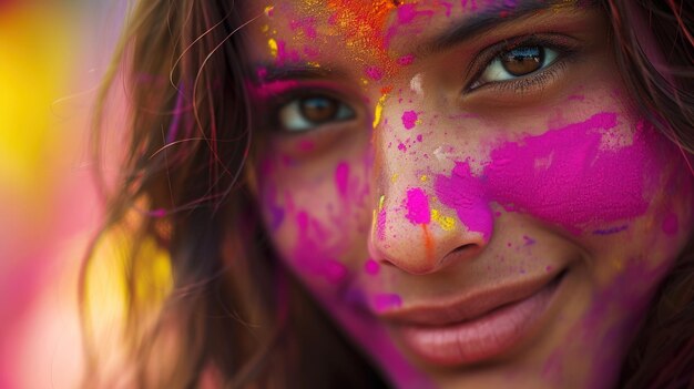 Foto festival holi retrato de uma menina em explosão de pólvora colorida imagem gerativa de ia