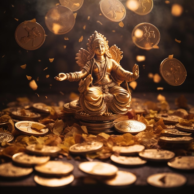 Festival indiano Dhanteras e Diwali adoram o fundo com a Deusa Lakshmi Laxmi moedas de ouro stockillustration