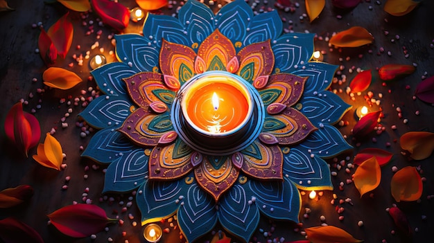 Festival indiano Diwali Diwali diya com lamparina a óleo em rangoli colorido IA generativa