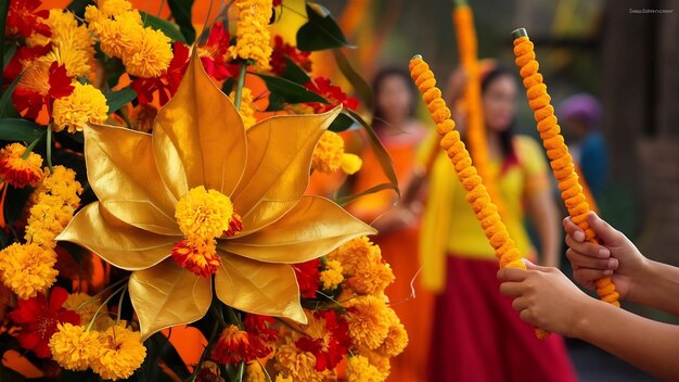 Foto festival indiano dussehra mostrando folha de ouro bauhinia racemosa e flores de margarida com dandiya