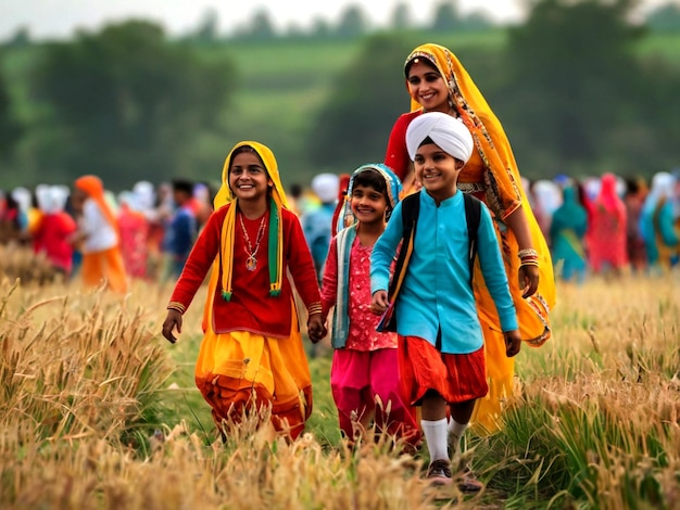 Festival indio de Baisakhi con niños en los campos