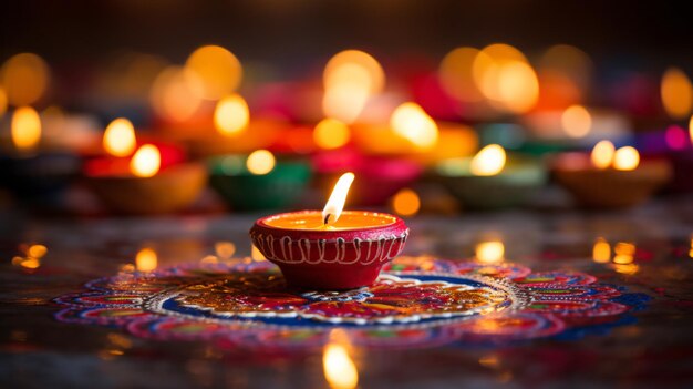 Foto festival indio diwali diya lámparas de aceite encendidas en colorido