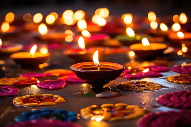 Festival indio Diwali Diya lámparas de aceite encendidas en coloridos rangoli Enfoque selectivo tradicional hindú Lámparas de aceite encendidas en coloridos rangoli durante la celebración de Diwali AI generada