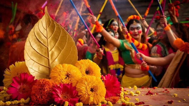 Foto festival indio dushehra que muestra hojas de oro bauhinia racemosa y flores de caléndula con dandiya