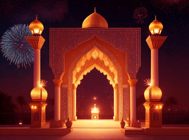 Festival islâmico ramadan kareem Eid Mubarak lâmpada elegante real com portão sagrado da mesquita
