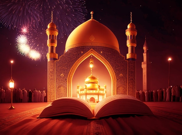 Festival islámico ramadán kareem Eid Mubarak lámpara real elegante con puerta santa de la mezquita