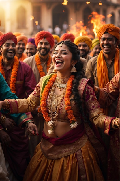 Festival de Lohri con personas indias riendo y bailando alrededor de una gran hoguera