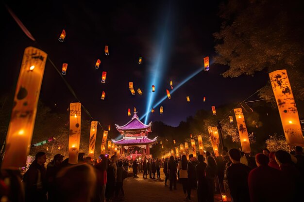 Festival de luces con linternas y antorchas que iluminan el cielo nocturno creado con ai generativo