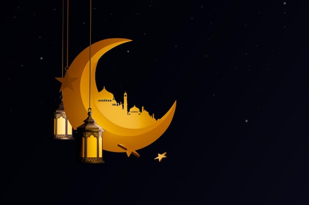 Festival para el mes sagrado musulmán Ramadán Kareem Linterna árabe ornamental con velas encendidas que brillan en la noche ilustración 3D