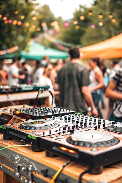 Festival de música al aire libre DJ en tocadiscos tiendas de color ondas de sonido pulsando al aire libre Attende