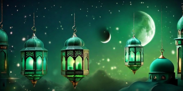 Festival musulmán para Ramadán y Eid con mezquita de luna 3d