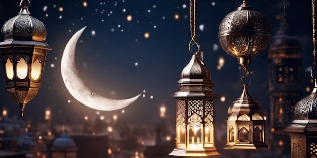 Festival musulmán para Ramadán y Eid con mezquita de luna 3d