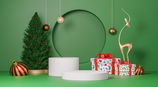 Festival de Navidad y Año Nuevo con estudio de podio redondo realista con soporte para mostrar el producto Escaparate de escenario en fondo rosa 3d render ilustración