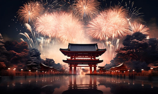 Festival noturno japonês de fogos de artifício com edifícios típicos japoneses AI Design generativo