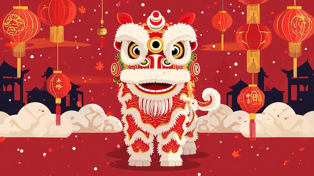 Festival de Primavera del Año Nuevo Chino al aire libre con linternas colgantes bajo el fondo de la danza del león de nieve
