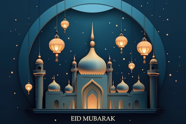 Festival y religión musulmana islámica Eid Mubarak ilustración Fondo con mezquita y linterna