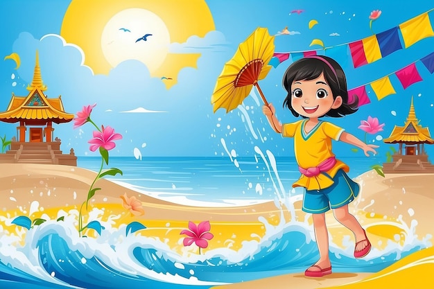 Festival de Songkran Tailandia Flores tailandesas con niños jugando agua salpicando sonrisa del sol