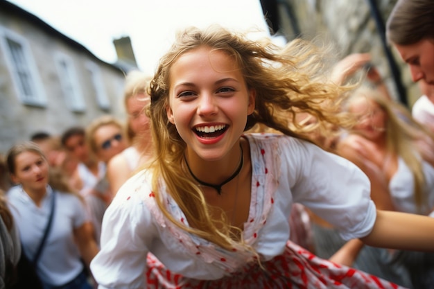Festival-Straßen-Tanz Blonde Teenager in weißem Hemd