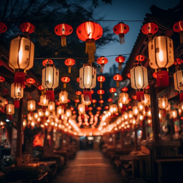 un festival tradicional de linternas del Año Nuevo chino con filas de linternos iluminados colgando contra el cielo nocturno con una mezcla de iluminación ambiental y artificial IA generativa