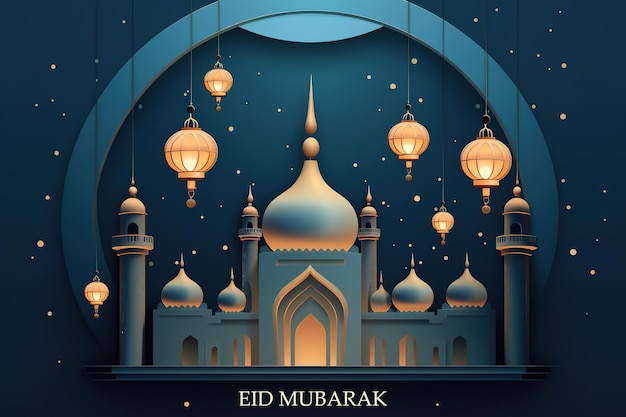 Festival und Religion islamischer muslimischer Eid Mubarak-Illustrationshintergrund mit Moschee und Laterne