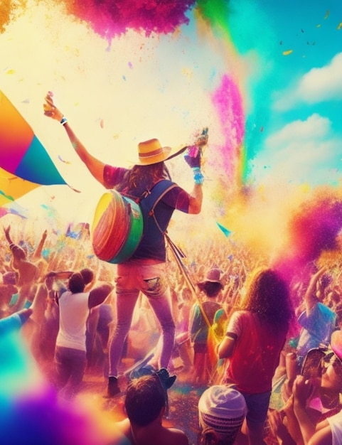 Un festival de verano con colores vibrantes y música animada