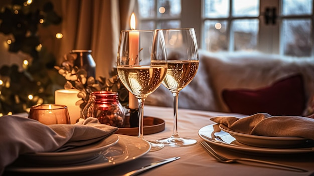 Festive fecha noche mesas idea de paisaje mesa de cena para dos y Navidad Año Nuevo Decoración del día de San Valentín estilo de casa de campo inglés