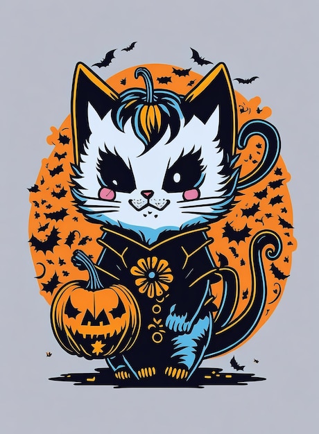 Festive Feline Fun Vibrant Kawaii Kitten Diseño de camiseta para Halloween