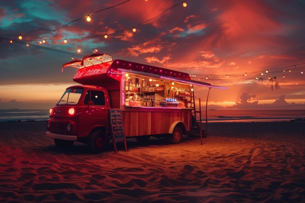 Festive Food Truck na praia Festa de praia aberta Bar noturno com lâmpadas no fundo do pôr-do-sol