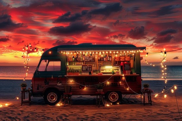 Festive Food Truck na praia Festa de praia aberta Bar noturno com lâmpadas no fundo do pôr-do-sol