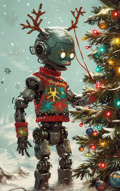 Foto festive fumbles un robot torpe hilarantes accidentes en la decoración del árbol navideño