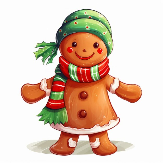 Festive Gingerbread Man Um clip art de desenho animado com um lenço de chapéu de Natal e fundo branco