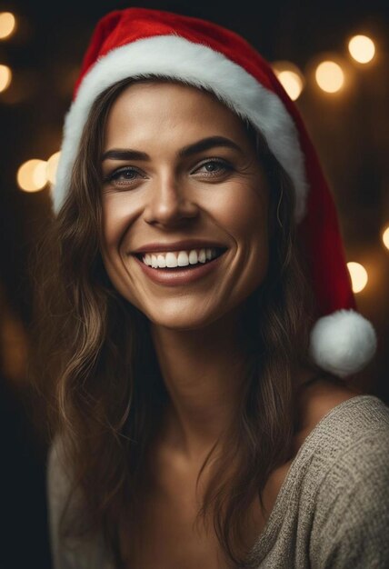 Festive Girl in Red Coat y Santa Hat Ai Generado por