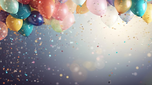 Festive Joy Holiday y fondo de fiesta con coloridos globos voladores brillantes de confeti para un cartel de evento y celebración